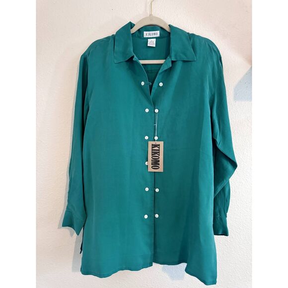 NWT Vintage KIKOMO 100% Silk Green Button Up Womens Size Small - Picture 1 of 8